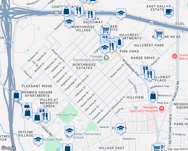 map of restaurants, bars, coffee shops, grocery stores, and more near 1606 Valley View Street in Mesquite