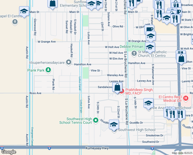 map of restaurants, bars, coffee shops, grocery stores, and more near 2429 Wensley Avenue in El Centro