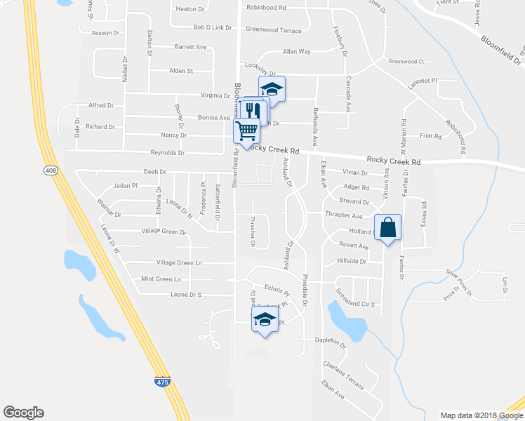 map of restaurants, bars, coffee shops, grocery stores, and more near 4336 Thrasher Circle in Macon