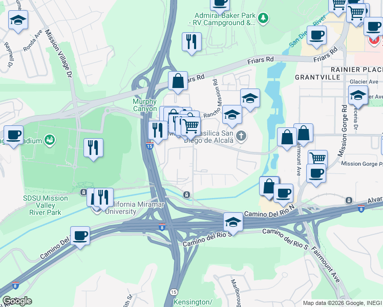 map of restaurants, bars, coffee shops, grocery stores, and more near 6018 Rancho Mission Road in San Diego