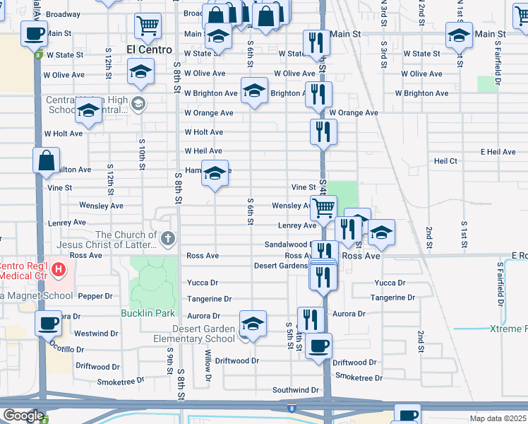 map of restaurants, bars, coffee shops, grocery stores, and more near 535 Wensley Ave in El Centro