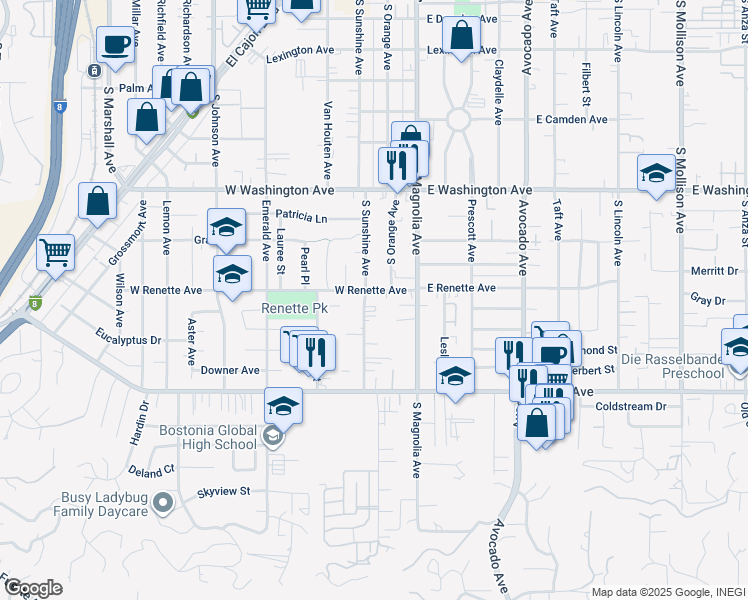 map of restaurants, bars, coffee shops, grocery stores, and more near 187 West Renette Avenue in El Cajon