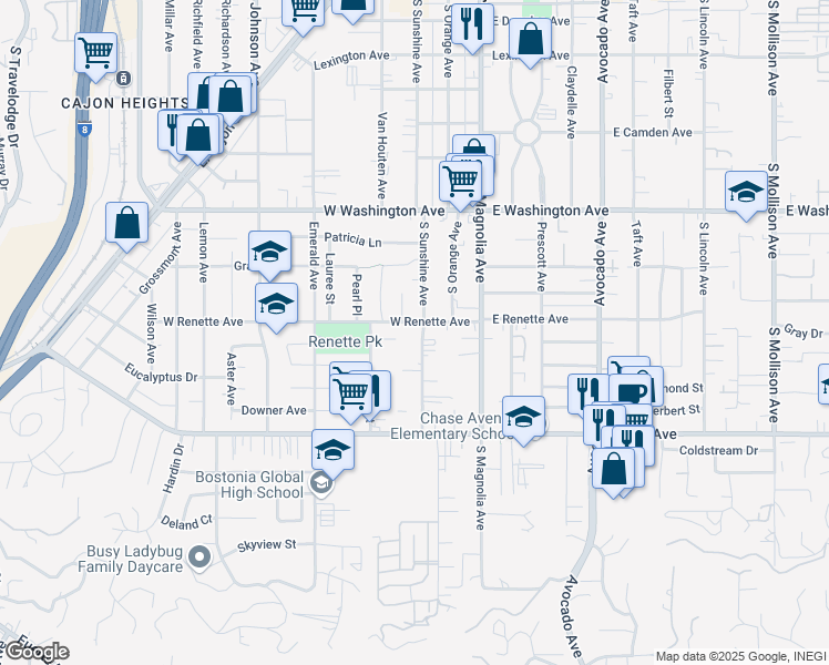 map of restaurants, bars, coffee shops, grocery stores, and more near 378 West Renette Avenue in El Cajon