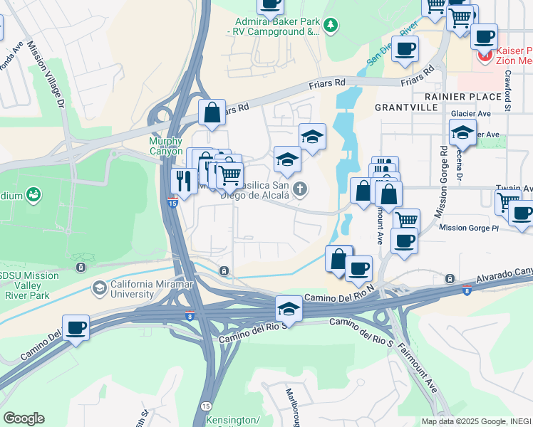 map of restaurants, bars, coffee shops, grocery stores, and more near 10715 San Diego Mission Road in San Diego
