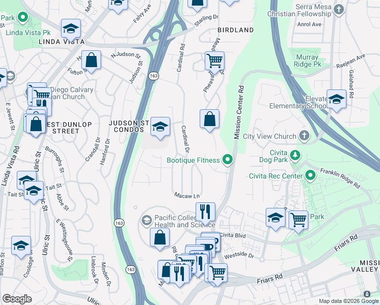 map of restaurants, bars, coffee shops, grocery stores, and more near 2203 Finch Lane in San Diego