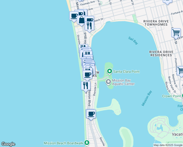 map of restaurants, bars, coffee shops, grocery stores, and more near 7150 Bayside Lane in San Diego