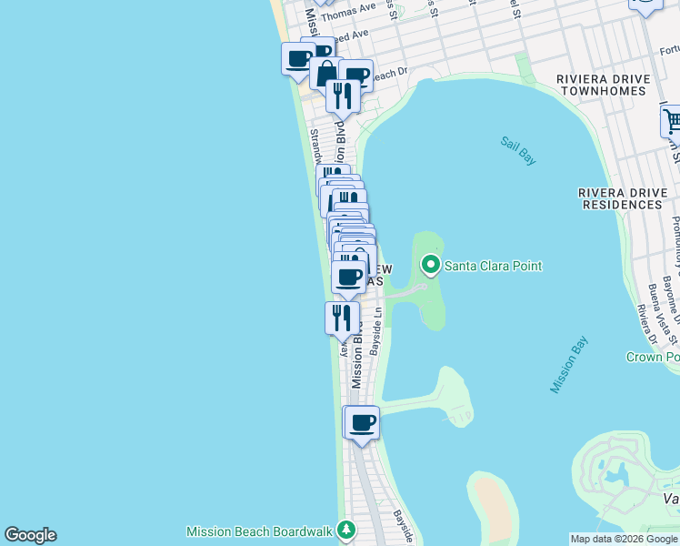 map of restaurants, bars, coffee shops, grocery stores, and more near in San Diego