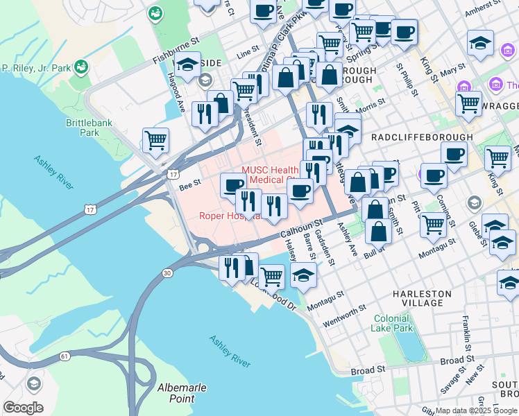 map of restaurants, bars, coffee shops, grocery stores, and more near 125 Doughty Street in Charleston