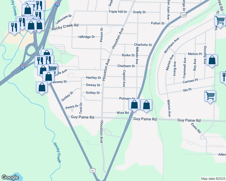 map of restaurants, bars, coffee shops, grocery stores, and more near 1078 Thomas Street in Macon