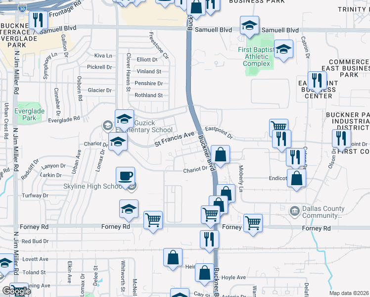 map of restaurants, bars, coffee shops, grocery stores, and more near 4727 Saint Francis Avenue in Dallas