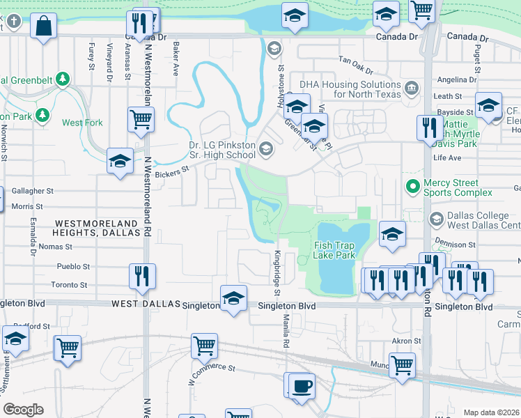 map of restaurants, bars, coffee shops, grocery stores, and more near Fishtrap Lake Park Trail in Dallas