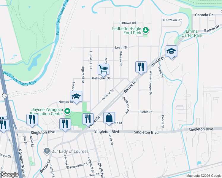 map of restaurants, bars, coffee shops, grocery stores, and more near 3406 Maybeth Street in Dallas