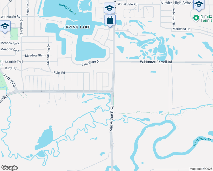 map of restaurants, bars, coffee shops, grocery stores, and more near 2805 Bridge Lake Drive in Irving