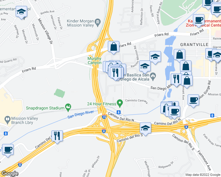 map of restaurants, bars, coffee shops, grocery stores, and more near 6064 Rancho Mission Road in San Diego