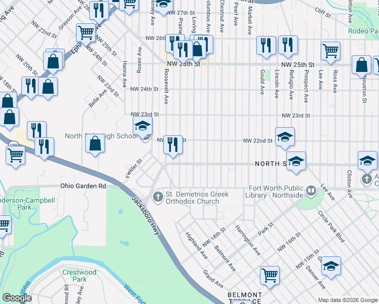 map of restaurants, bars, coffee shops, grocery stores, and more near 2117 Loving Avenue in Fort Worth