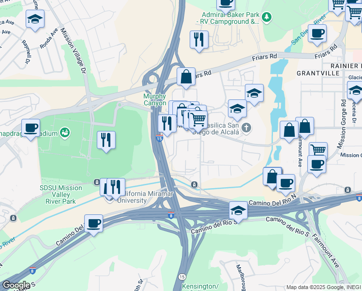 map of restaurants, bars, coffee shops, grocery stores, and more near 6064 Rancho Mission Road in San Diego