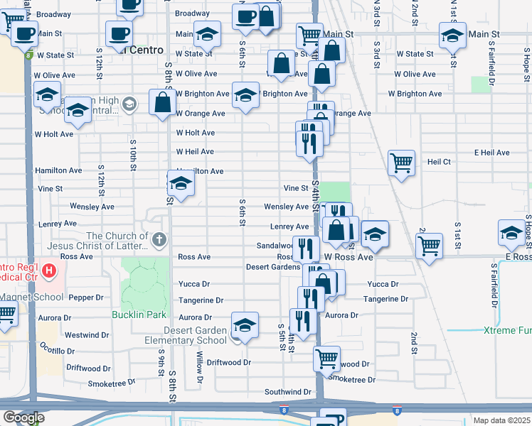 map of restaurants, bars, coffee shops, grocery stores, and more near 535 Wensley Avenue in El Centro
