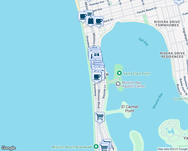 map of restaurants, bars, coffee shops, grocery stores, and more near 3759 Strandway in San Diego