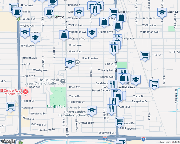 map of restaurants, bars, coffee shops, grocery stores, and more near 601 Wensley Avenue in El Centro