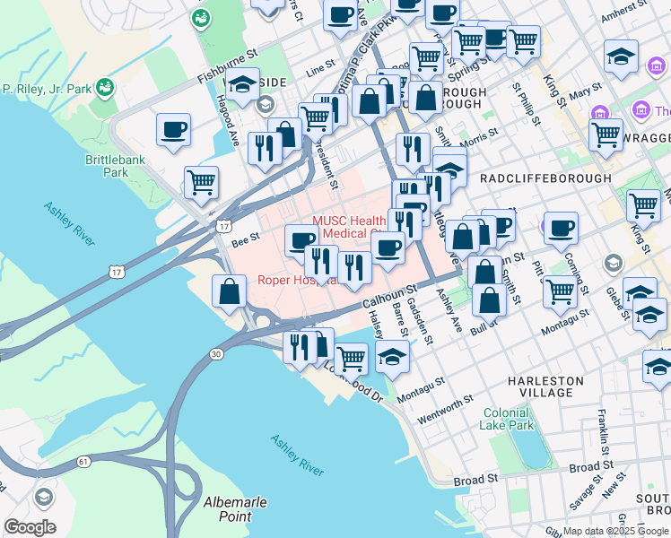 map of restaurants, bars, coffee shops, grocery stores, and more near 125 Doughty Street in Charleston