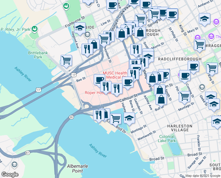 map of restaurants, bars, coffee shops, grocery stores, and more near 125 Doughty Street in Charleston