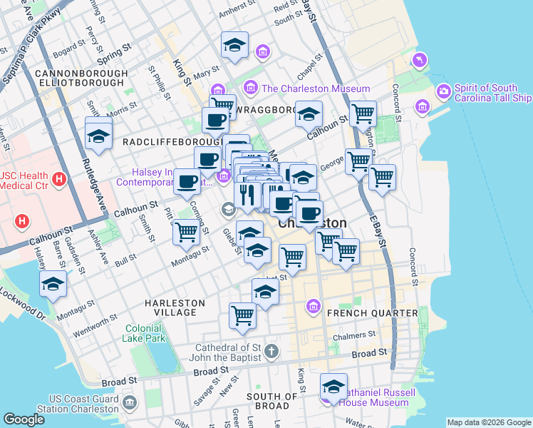 map of restaurants, bars, coffee shops, grocery stores, and more near 318 King Street in Charleston