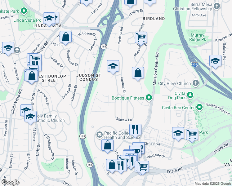 map of restaurants, bars, coffee shops, grocery stores, and more near 2192 Finch Lane in San Diego