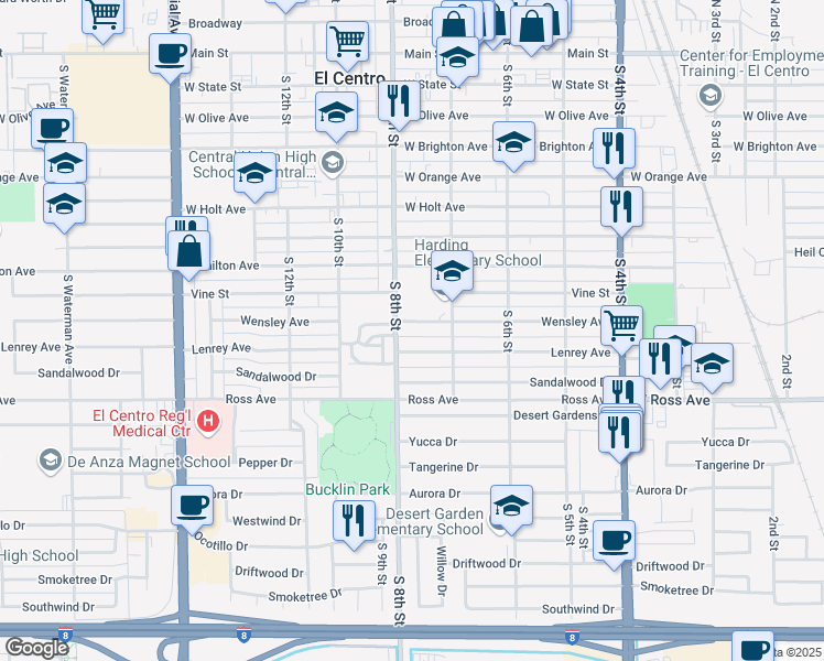 map of restaurants, bars, coffee shops, grocery stores, and more near 773 Wensley Avenue in El Centro
