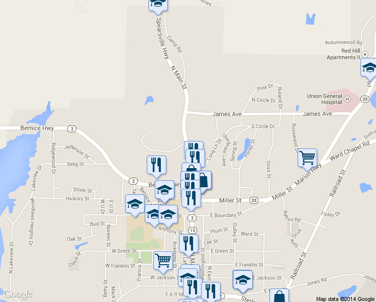 map of restaurants, bars, coffee shops, grocery stores, and more near North Main Street in Farmerville