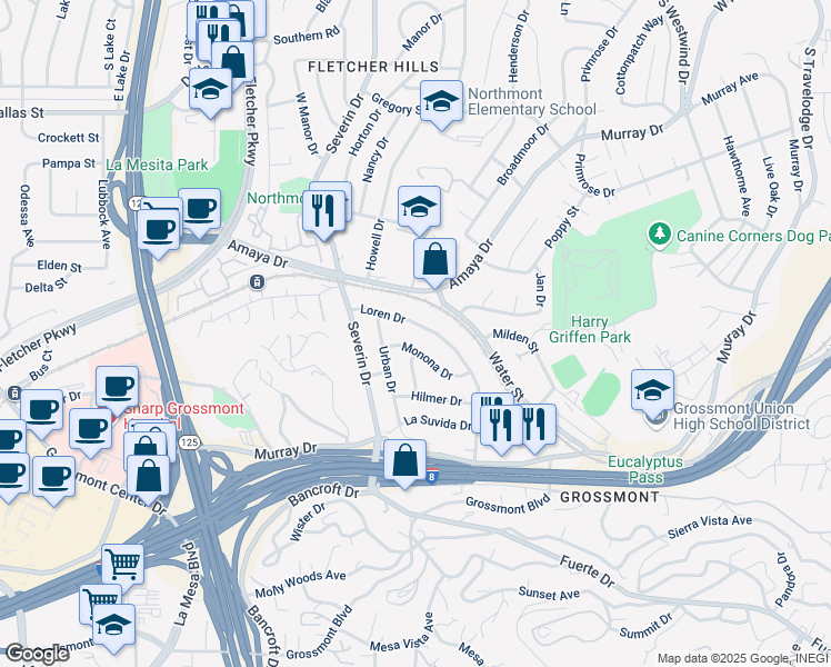 map of restaurants, bars, coffee shops, grocery stores, and more near 9333 Loren Drive in La Mesa