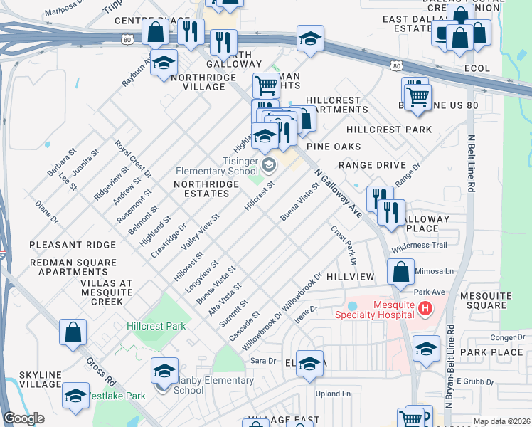 map of restaurants, bars, coffee shops, grocery stores, and more near Longview Street in Mesquite