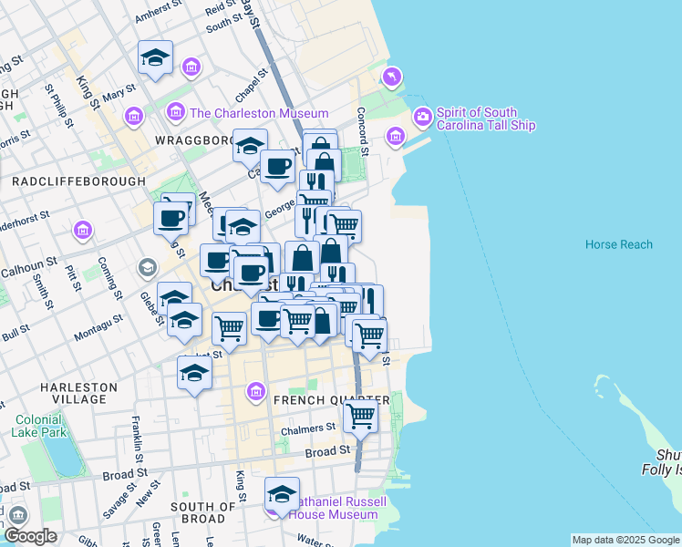 map of restaurants, bars, coffee shops, grocery stores, and more near 280 East Bay Street in Charleston