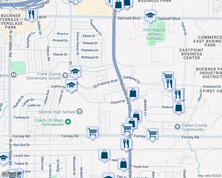 map of restaurants, bars, coffee shops, grocery stores, and more near 8005 Rothington Road in Dallas