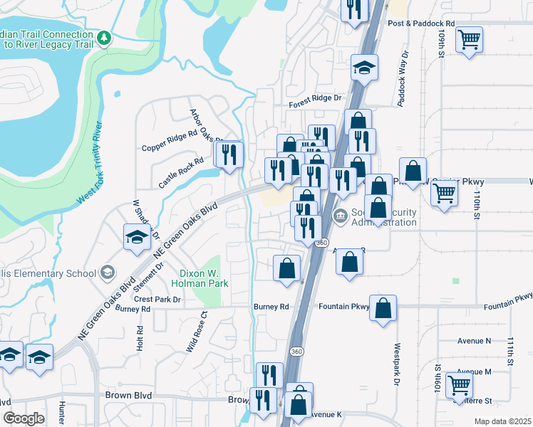 map of restaurants, bars, coffee shops, grocery stores, and more near 2601 Whisper Meadow Lane in Arlington