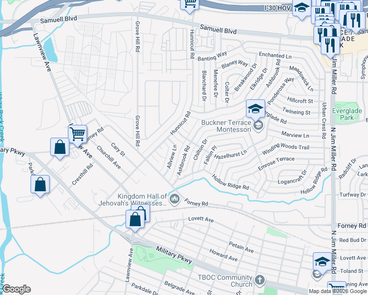 map of restaurants, bars, coffee shops, grocery stores, and more near 4738 Ashbrook Road in Dallas