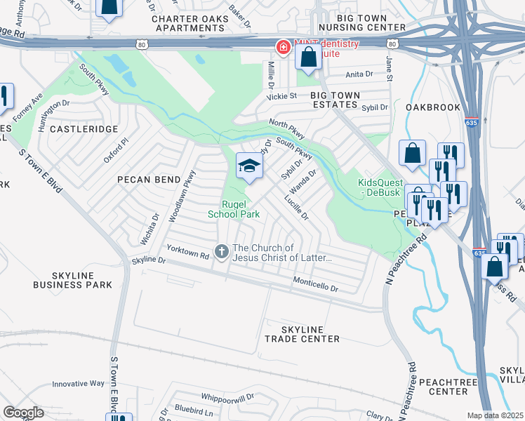 map of restaurants, bars, coffee shops, grocery stores, and more near 2704 Sybil Circle in Mesquite