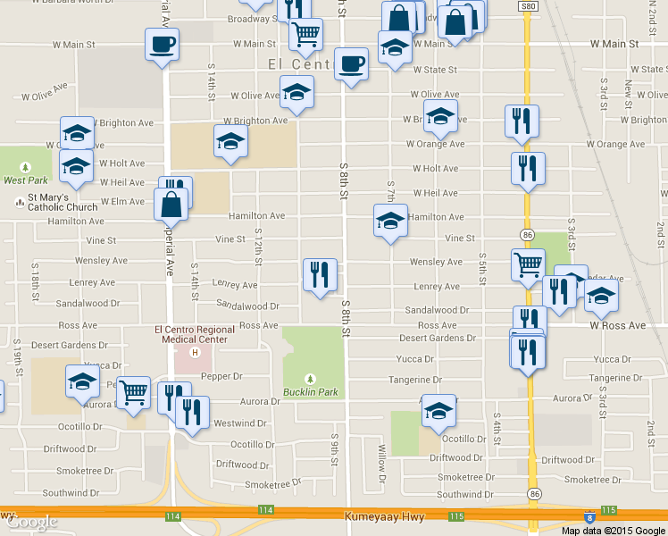 map of restaurants, bars, coffee shops, grocery stores, and more near 833 Wensley Avenue in El Centro