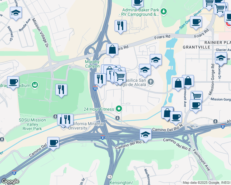 map of restaurants, bars, coffee shops, grocery stores, and more near 6018 Rancho Mission Road in San Diego