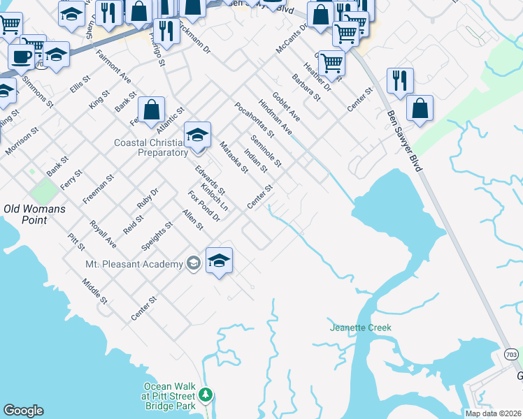 map of restaurants, bars, coffee shops, grocery stores, and more near 707 Center Street in Mount Pleasant