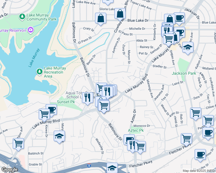 map of restaurants, bars, coffee shops, grocery stores, and more near 5700 Cowles Mountain Boulevard in La Mesa