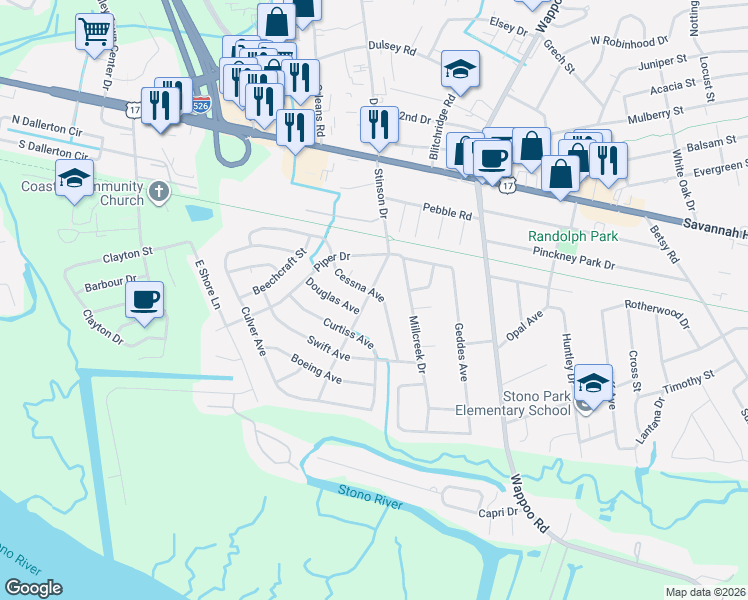 map of restaurants, bars, coffee shops, grocery stores, and more near 346 Cessna Avenue in Charleston