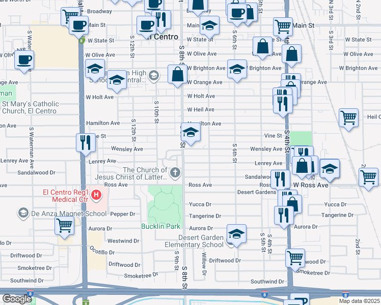 map of restaurants, bars, coffee shops, grocery stores, and more near 773 Wensley Avenue in El Centro