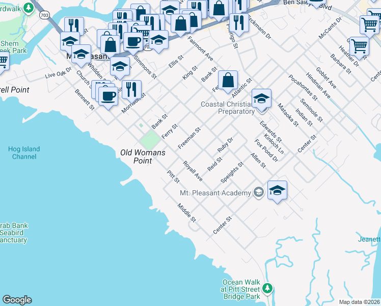 map of restaurants, bars, coffee shops, grocery stores, and more near 424 McCants Drive in Mount Pleasant