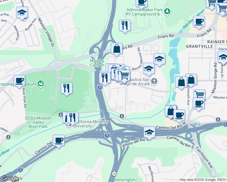 map of restaurants, bars, coffee shops, grocery stores, and more near 6064 Rancho Mission Road in San Diego