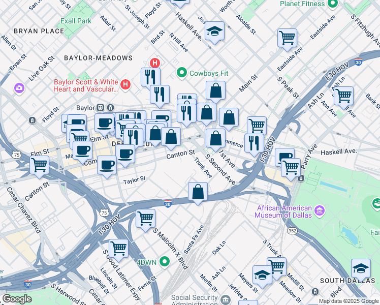 map of restaurants, bars, coffee shops, grocery stores, and more near 300 Trunk Avenue in Dallas