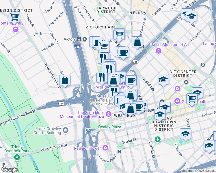 map of restaurants, bars, coffee shops, grocery stores, and more near 400 North Record Street in Dallas