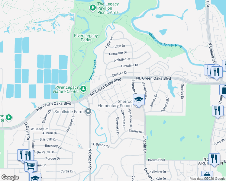 map of restaurants, bars, coffee shops, grocery stores, and more near 500 Tish Circle in Arlington