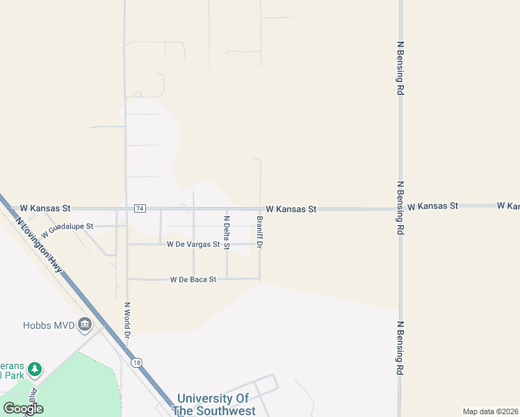 map of restaurants, bars, coffee shops, grocery stores, and more near Braniff Drive in Hobbs