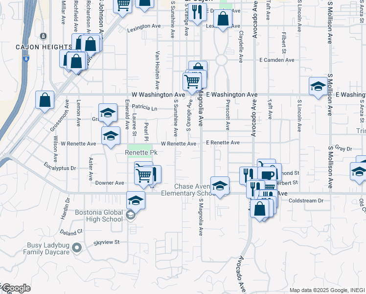 map of restaurants, bars, coffee shops, grocery stores, and more near 187 West Renette Avenue in El Cajon