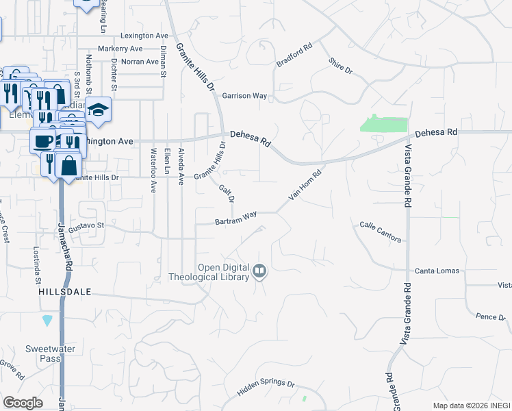 map of restaurants, bars, coffee shops, grocery stores, and more near 1650 Bartram Way in El Cajon